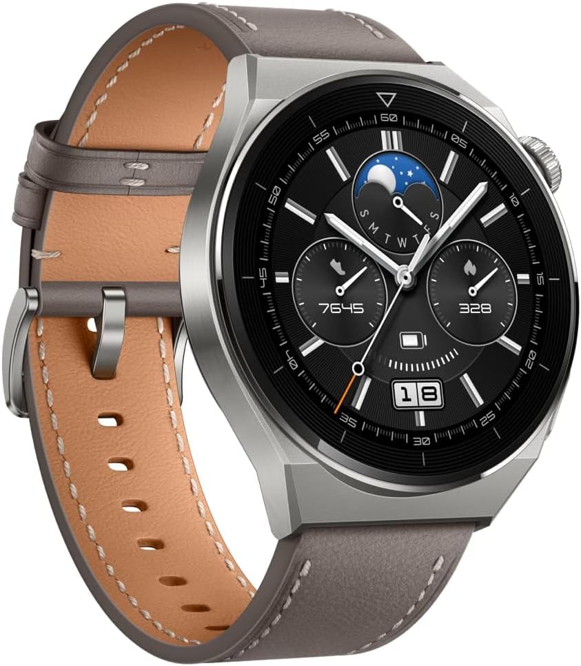 Huawei Watch GT 3 Pro Smartwatch,Titanium Body,Sapphire Watch Dial,Oxygen Saturation and Heart Rate Monitoring,Long Battery Life,Grey Leather Strap,46 mm