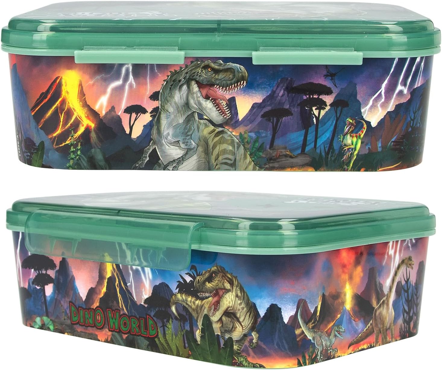 Depesche 12898 Dino World Reflector Dark Green with Dinosaur and Lightning Design, Lunch Box with 3 Compartments and Transparent Lid, Multicolour, One Size
