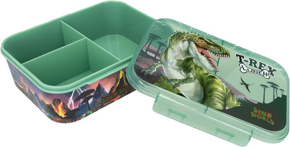 Depesche 12898 Dino World Reflector Dark Green with Dinosaur and Lightning Design, Lunch Box with 3 Compartments and Transparent Lid, Multicolour, One Size