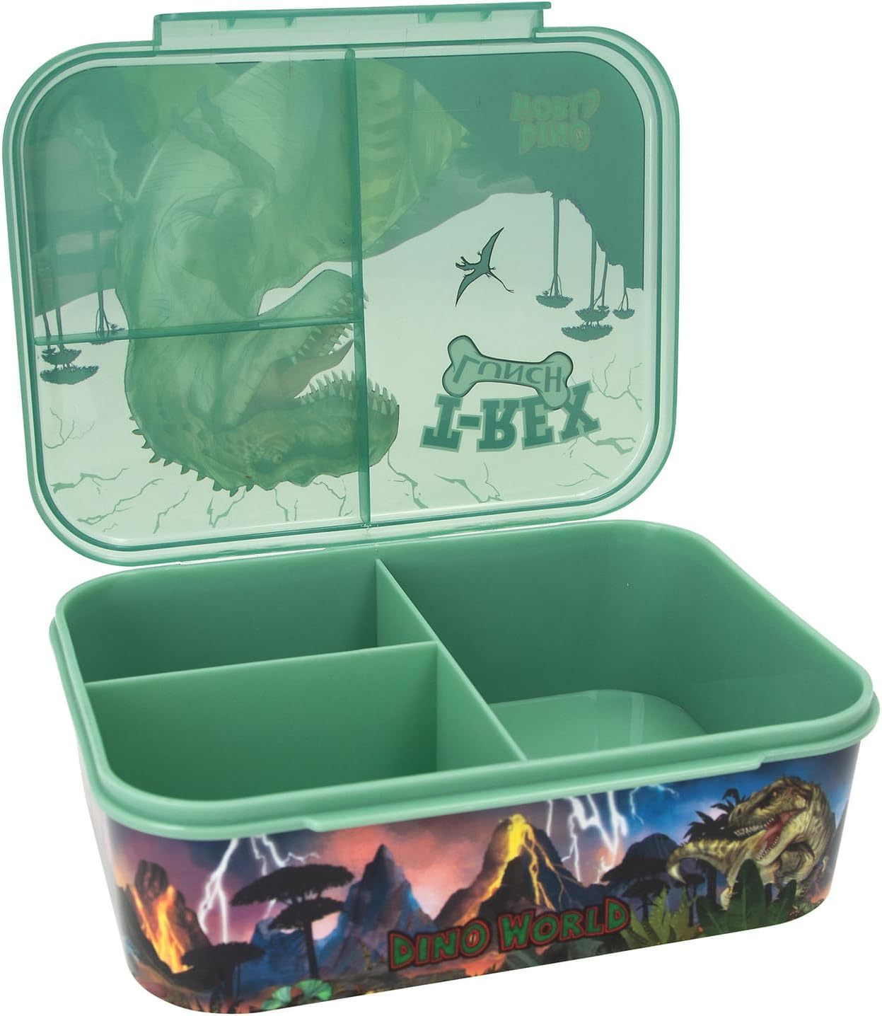 Depesche 12898 Dino World Reflector Dark Green with Dinosaur and Lightning Design, Lunch Box with 3 Compartments and Transparent Lid, Multicolour, One Size