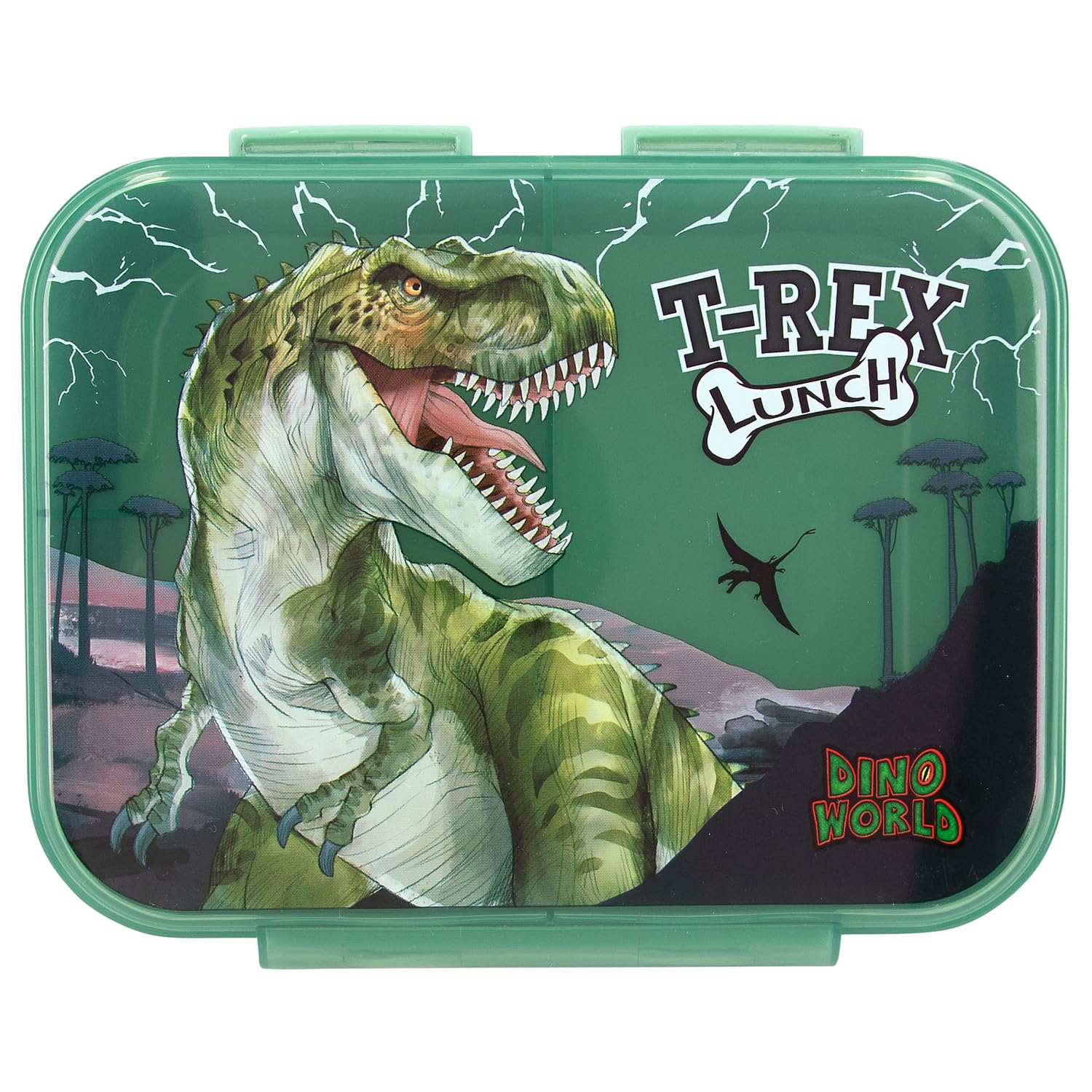 Depesche 12898 Dino World Reflector Dark Green with Dinosaur and Lightning Design, Lunch Box with 3 Compartments and Transparent Lid, Multicolour, One Size