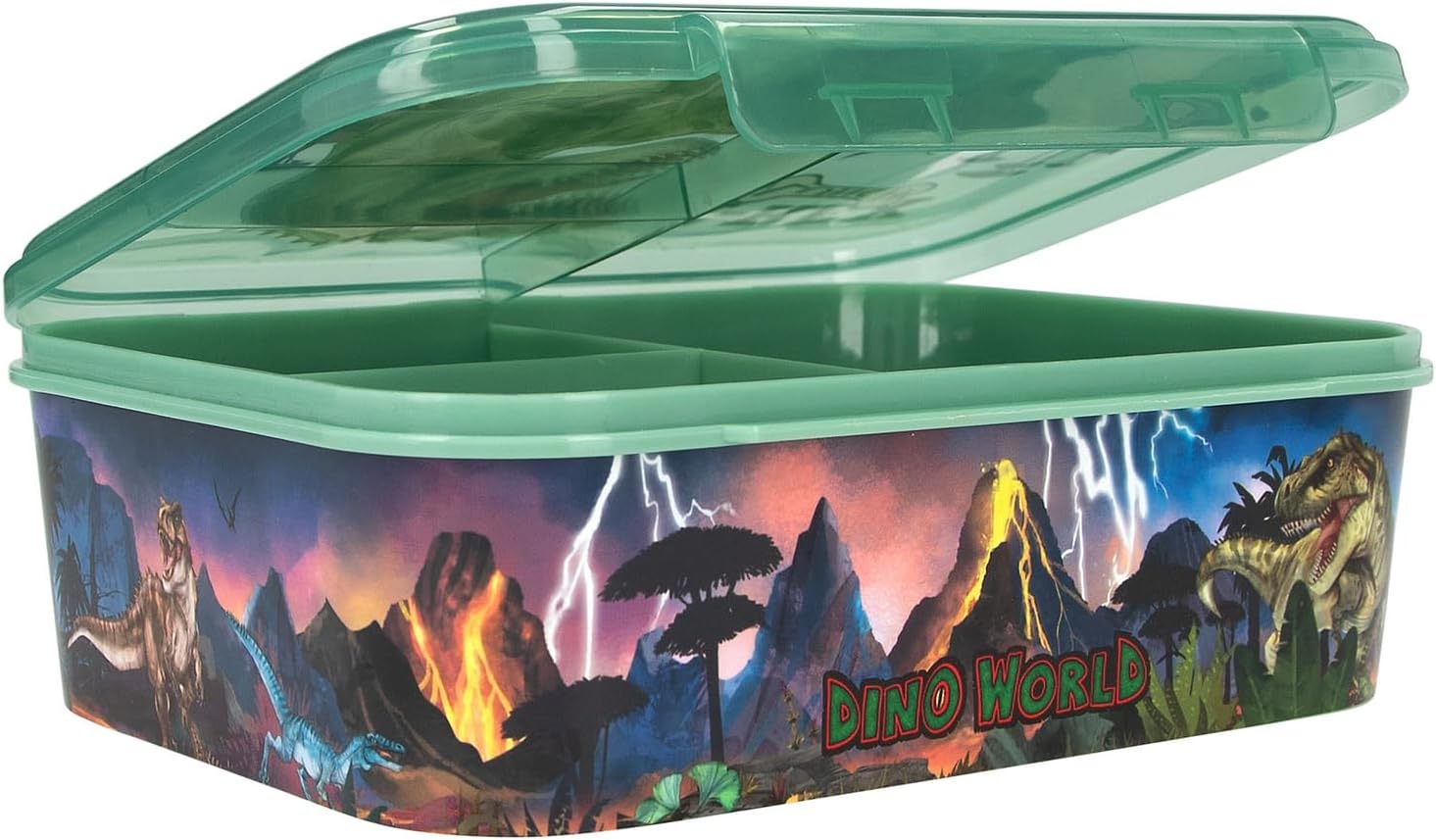 Depesche 12898 Dino World Reflector Dark Green with Dinosaur and Lightning Design, Lunch Box with 3 Compartments and Transparent Lid, Multicolour, One Size