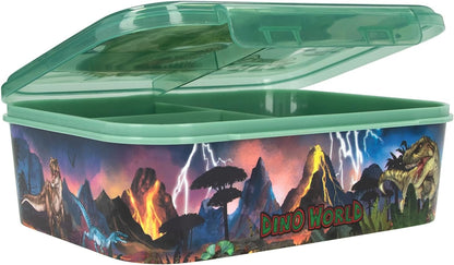 Depesche 12898 Dino World Reflector Dark Green with Dinosaur and Lightning Design, Lunch Box with 3 Compartments and Transparent Lid, Multicolour, One Size