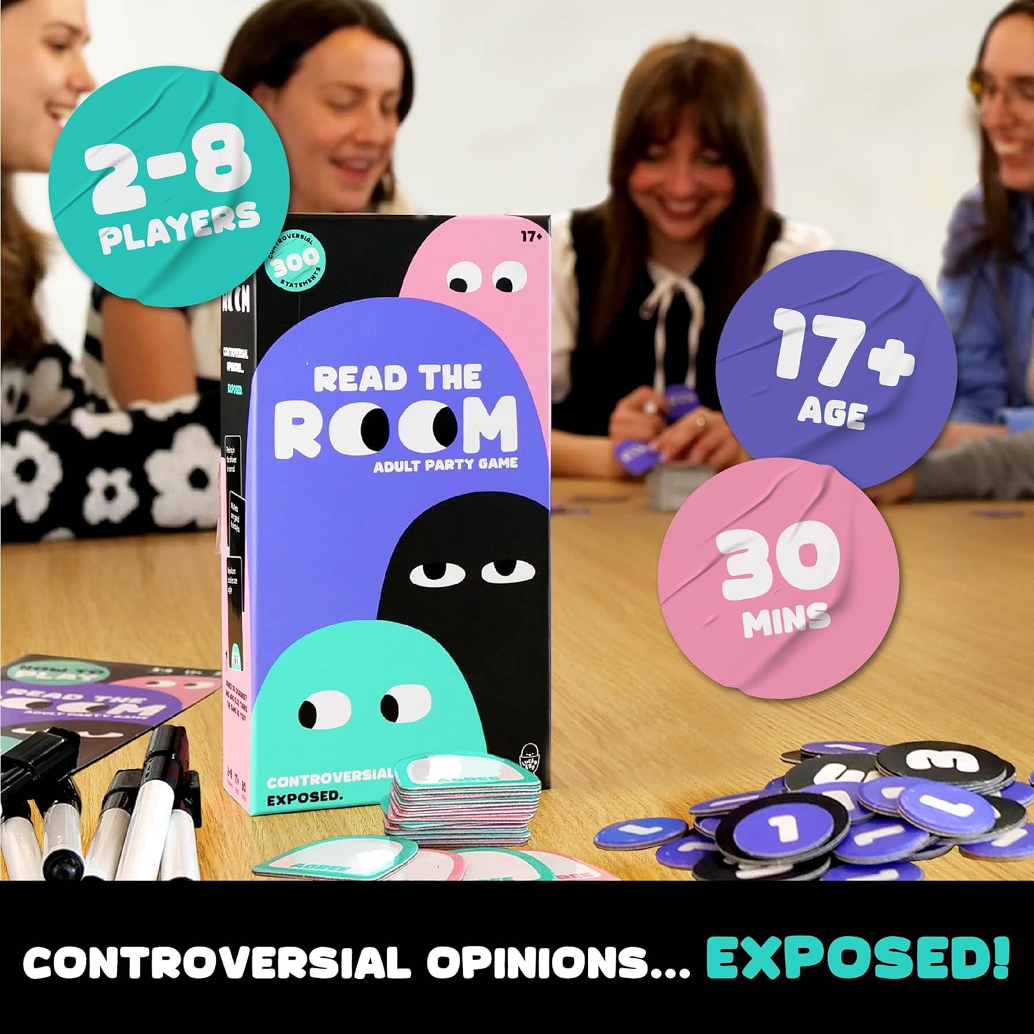 Read The Room, Games for Friends, Fun Party Card Game, Hilarious & Engaging Cards for Game Nights, Couples, Friends, Includes 150 Cards, 300 Scenarios, 16 Tokens, 8 Pens, Ideal Fun Gift for Friends