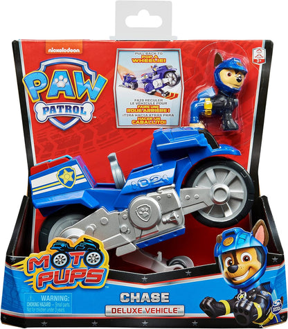 PAW Patrol, Moto Pups Chase’s Deluxe Pull Back Motorcycle Vehicle with Wheelie Feature and Figure