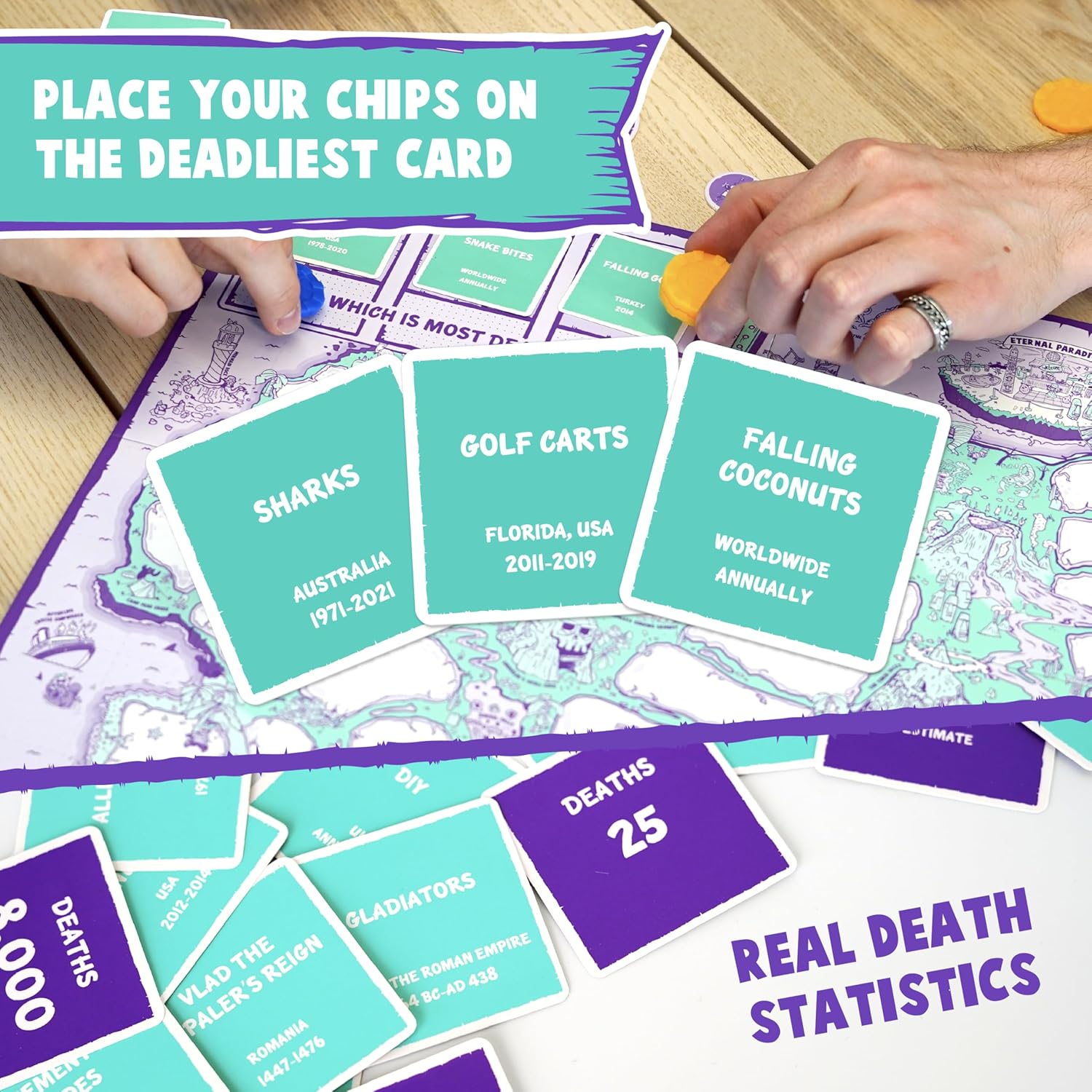 Bubblegum Stuff - Death by Coconuts - Bet Your Life To Finish First - Family Board Game - 250 Cards / 2-8 Players