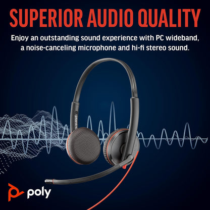 Poly Blackwire 3225 Wired Headset - Noise-Canceling Mic – Stereo Design - Connect to PC/Mac/Mobile via USB-C, USB-A, or 3.5mm - Works w/Teams, Zoom