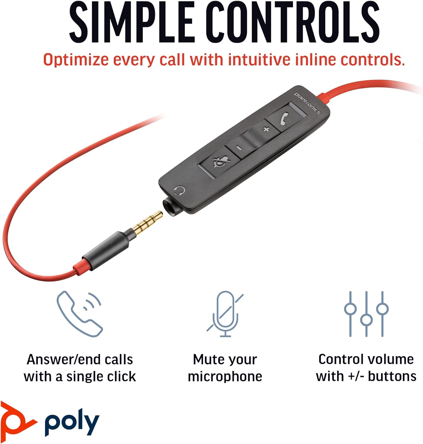 Poly Blackwire 3225 Wired Headset - Noise-Canceling Mic – Stereo Design - Connect to PC/Mac/Mobile via USB-C, USB-A, or 3.5mm - Works w/Teams, Zoom