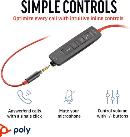 Poly Blackwire 3225 Wired Headset - Noise-Canceling Mic – Stereo Design - Connect to PC/Mac/Mobile via USB-C, USB-A, or 3.5mm - Works w/Teams, Zoom
