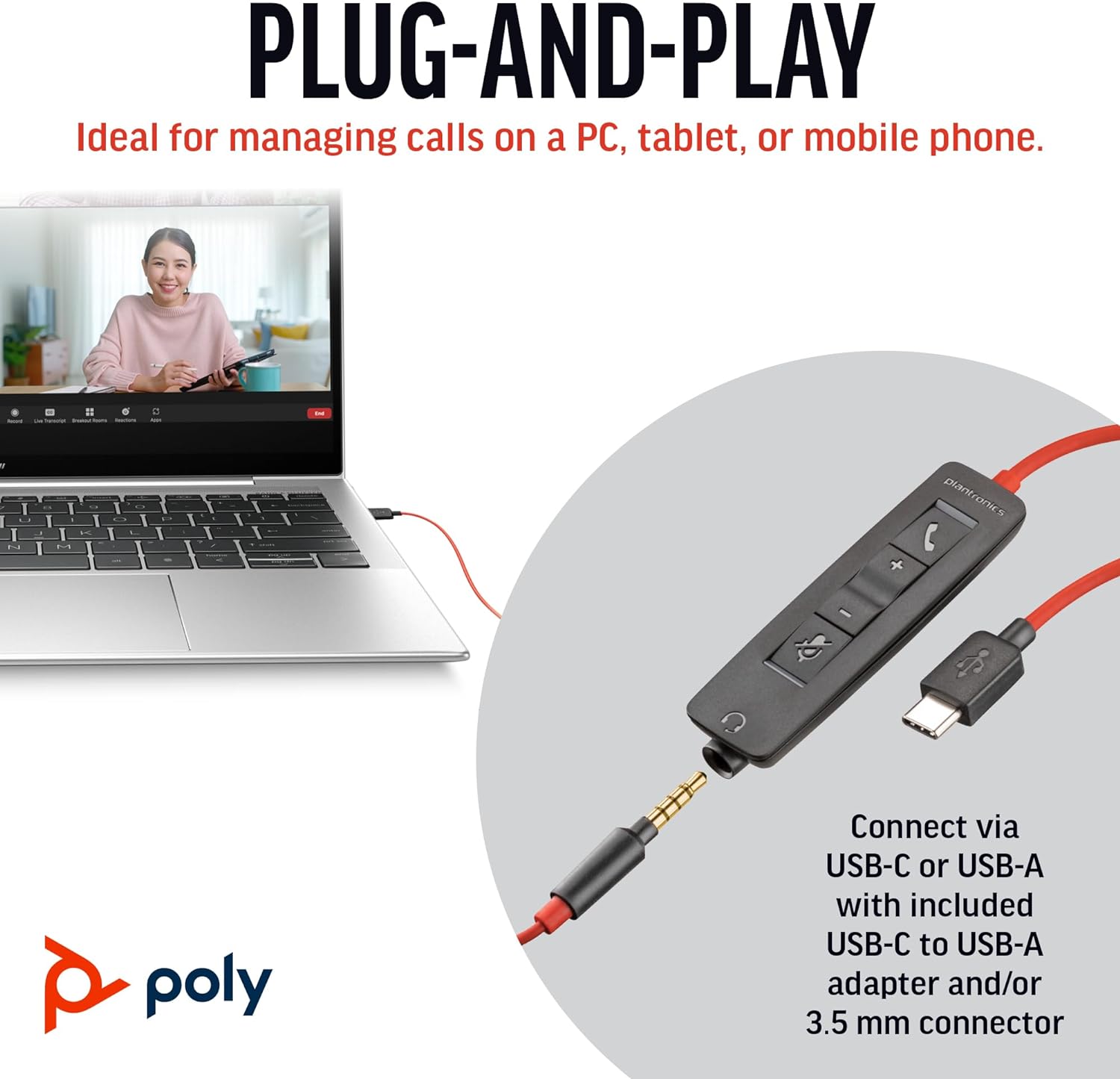 Poly Blackwire 3225 Wired Headset - Noise-Canceling Mic – Stereo Design - Connect to PC/Mac/Mobile via USB-C, USB-A, or 3.5mm - Works w/Teams, Zoom