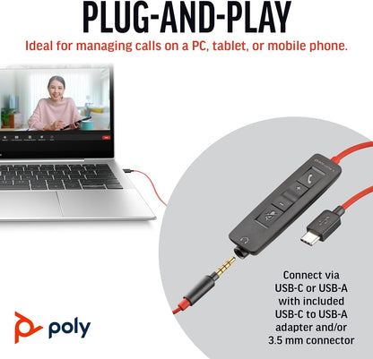 Poly Blackwire 3225 Wired Headset - Noise-Canceling Mic – Stereo Design - Connect to PC/Mac/Mobile via USB-C, USB-A, or 3.5mm - Works w/Teams, Zoom