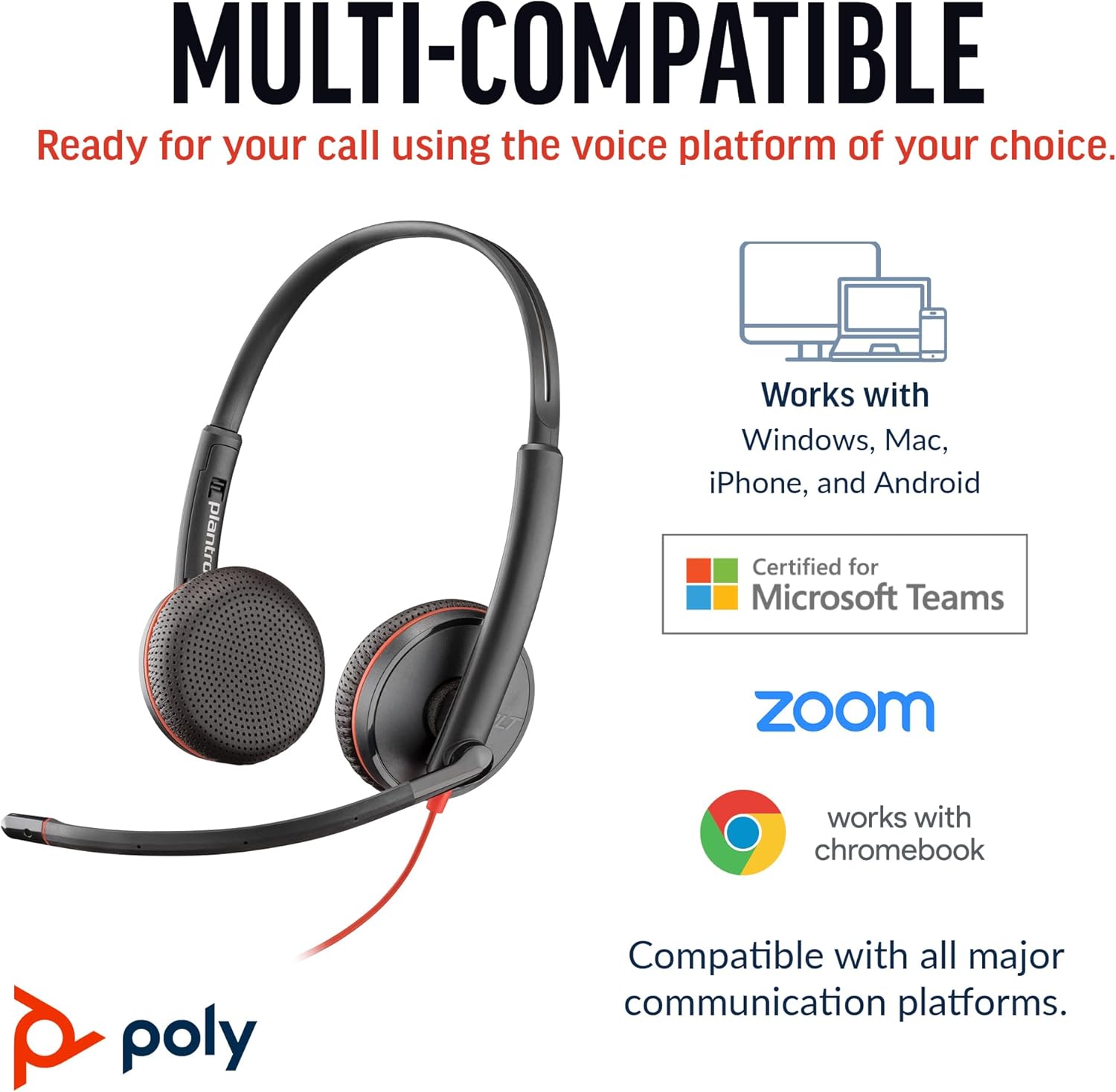 Poly Blackwire 3225 Wired Headset - Noise-Canceling Mic – Stereo Design - Connect to PC/Mac/Mobile via USB-C, USB-A, or 3.5mm - Works w/Teams, Zoom