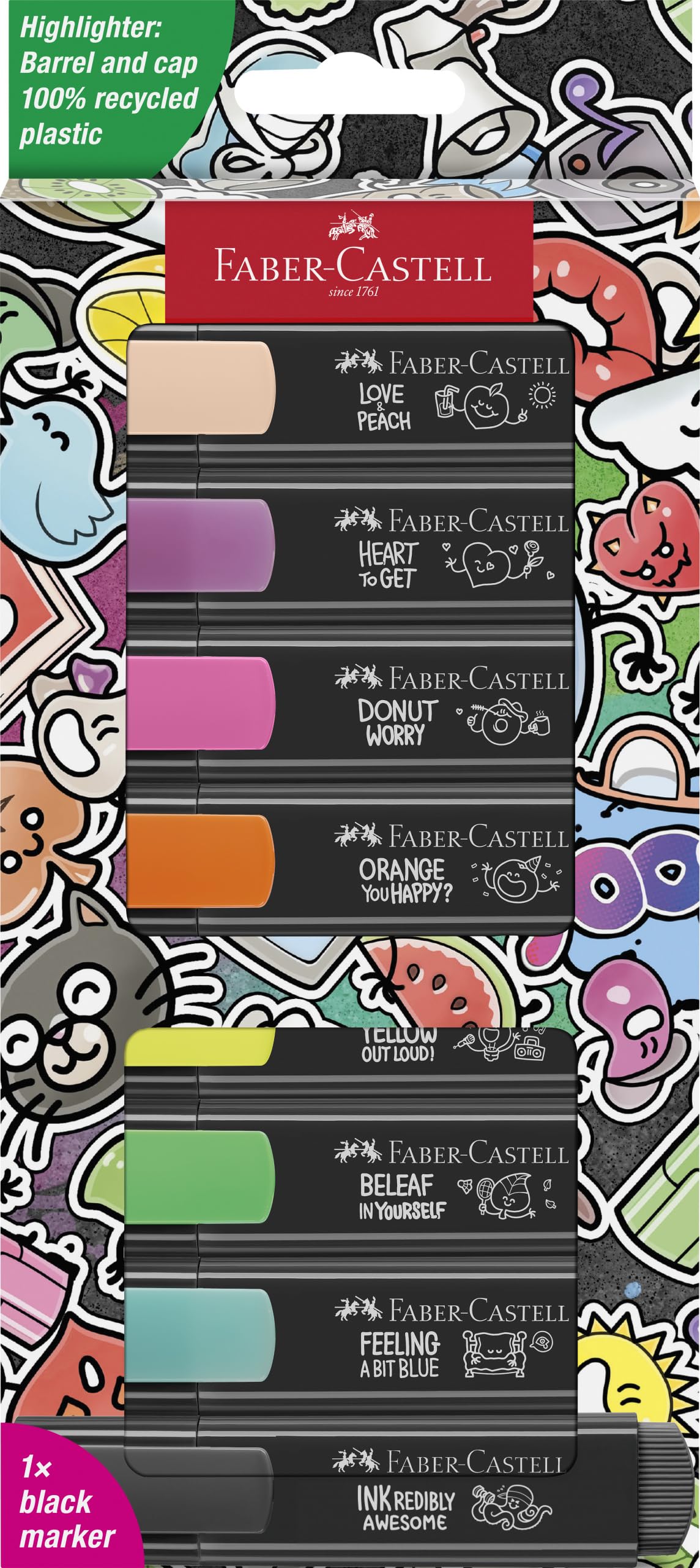 Faber-Castell 254692 Graffiti Neon Textmarker Set 8 Stück, Highlighter Pens mit Präzisions-Keilspitze, Leuchtende Graffiti Neonfarben, Ergonomisches flaches Design