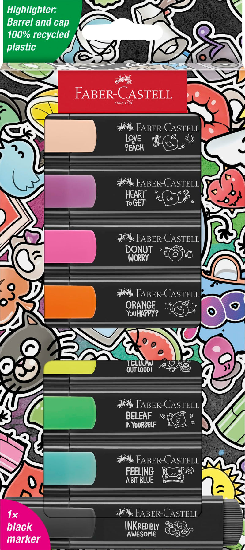 Faber-Castell 254692 Graffiti Neon Textmarker Set 8 Stück, Highlighter Pens mit Präzisions-Keilspitze, Leuchtende Graffiti Neonfarben, Ergonomisches flaches Design