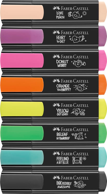 Faber-Castell 254692 Graffiti Neon Textmarker Set 8 Stück, Highlighter Pens mit Präzisions-Keilspitze, Leuchtende Graffiti Neonfarben, Ergonomisches flaches Design
