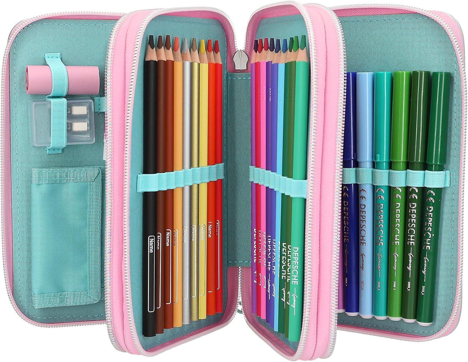 Depesche 13196 TOPModel Electric - Filled 3-Compartment Pencil case in Silver, with Model Motif and Colourful Star Confetti, Pencil case with Crayons, Ruler, Scissors and Much More.