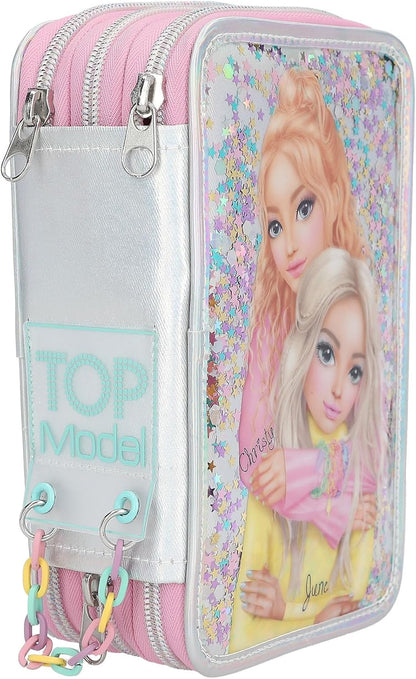 Depesche 13196 TOPModel Electric - Filled 3-Compartment Pencil case in Silver, with Model Motif and Colourful Star Confetti, Pencil case with Crayons, Ruler, Scissors and Much More.