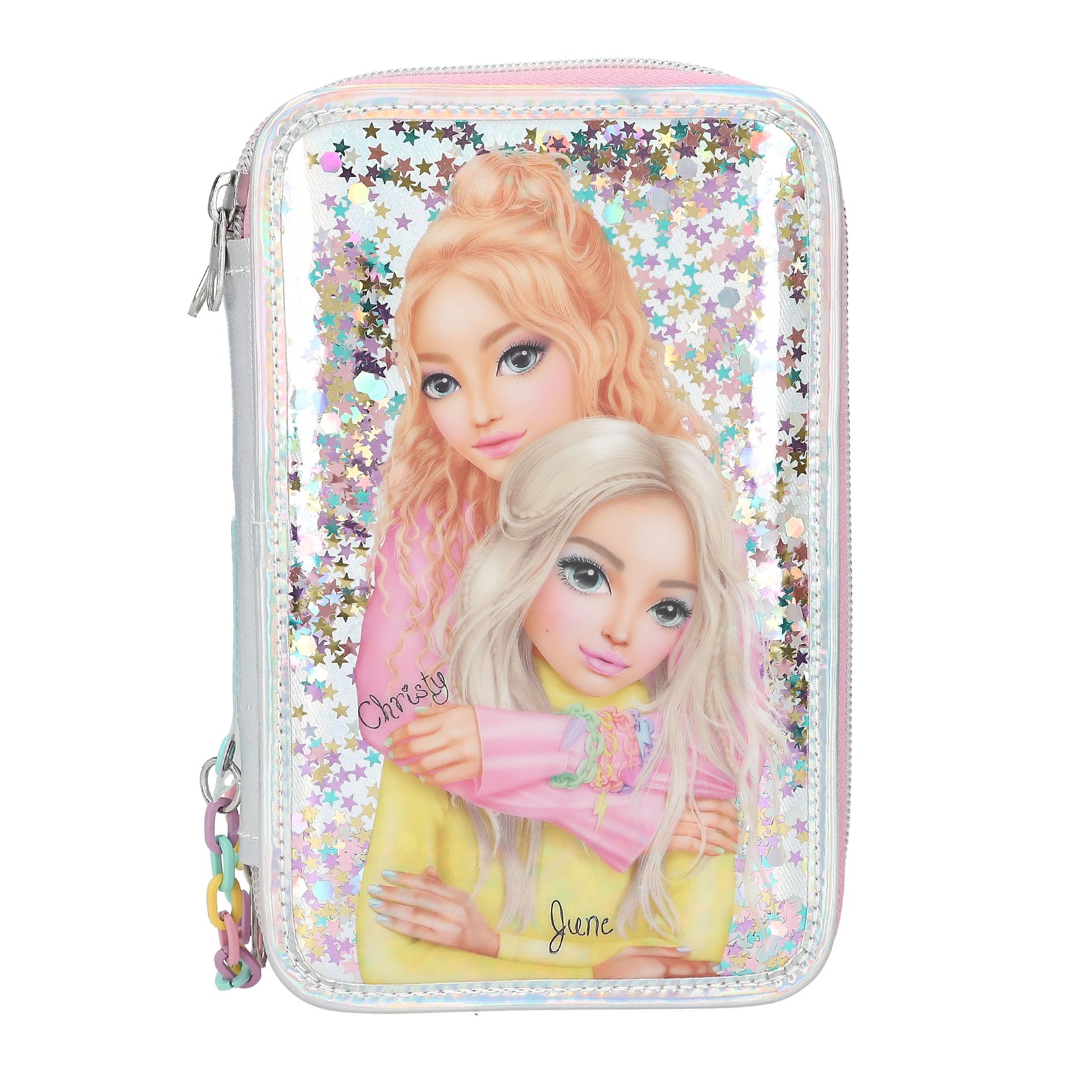 Depesche 13196 TOPModel Electric - Filled 3-Compartment Pencil case in Silver, with Model Motif and Colourful Star Confetti, Pencil case with Crayons, Ruler, Scissors and Much More.