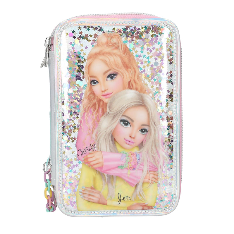 Depesche 13196 TOPModel Electric - Filled 3-Compartment Pencil case in Silver, with Model Motif and Colourful Star Confetti, Pencil case with Crayons, Ruler, Scissors and Much More.
