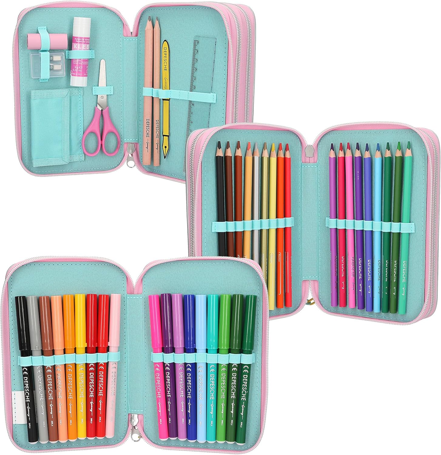 Depesche 13196 TOPModel Electric - Filled 3-Compartment Pencil case in Silver, with Model Motif and Colourful Star Confetti, Pencil case with Crayons, Ruler, Scissors and Much More.