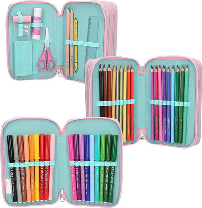 Depesche 13196 TOPModel Electric - Filled 3-Compartment Pencil case in Silver, with Model Motif and Colourful Star Confetti, Pencil case with Crayons, Ruler, Scissors and Much More.