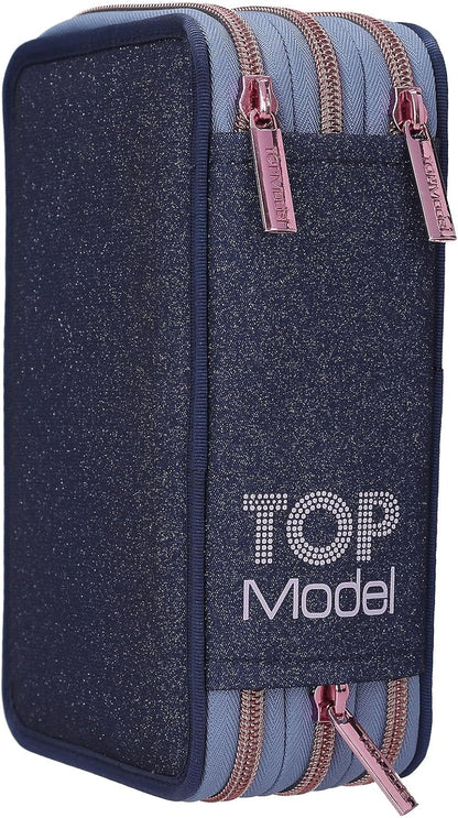 Depesche 13150 TOPModel LED Wolf - Filled 3-Compartment Pencil case in Dark Blue, with Model Motif and LED Lights, Pencil case with Colored Pencils, Ruler, Scissors and Much More.