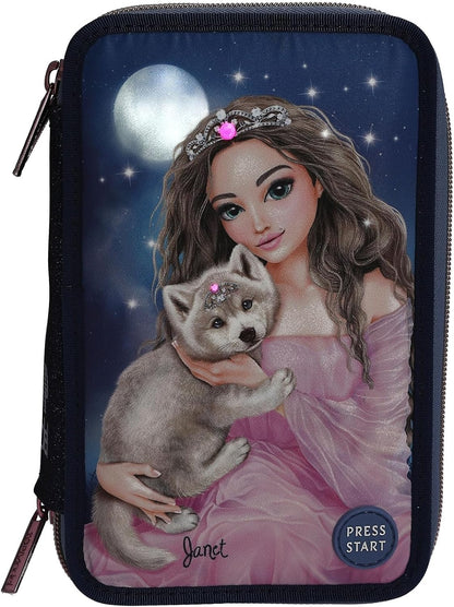 Depesche 13150 TOPModel LED Wolf - Filled 3-Compartment Pencil case in Dark Blue, with Model Motif and LED Lights, Pencil case with Colored Pencils, Ruler, Scissors and Much More.