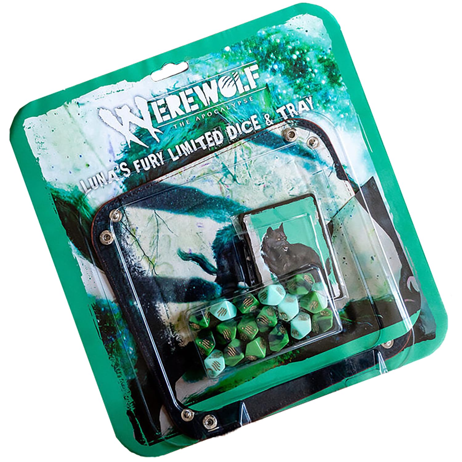 Werewolf: The Apocalypse 5th Edition Roleplaying Game Luna’s Fury Limited Dice & Tray Accessory Pack - 17 Green RPG Dice Set, 5 Cards & Folding Tray