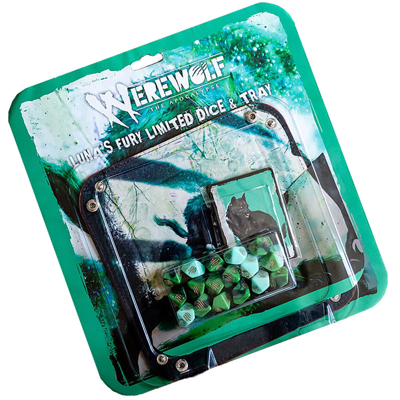 Werewolf: The Apocalypse 5th Edition Roleplaying Game Luna’s Fury Limited Dice & Tray Accessory Pack - 17 Green RPG Dice Set, 5 Cards & Folding Tray