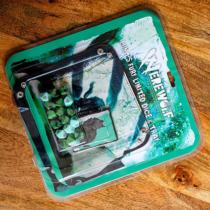 Werewolf: The Apocalypse 5th Edition Roleplaying Game Luna’s Fury Limited Dice & Tray Accessory Pack - 17 Green RPG Dice Set, 5 Cards & Folding Tray