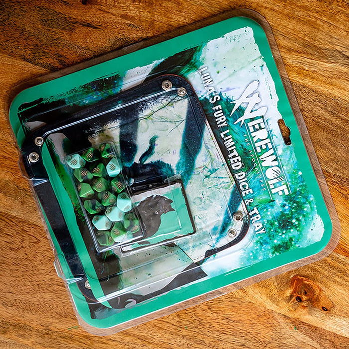 Werewolf: The Apocalypse 5th Edition Roleplaying Game Luna’s Fury Limited Dice & Tray Accessory Pack - 17 Green RPG Dice Set, 5 Cards & Folding Tray