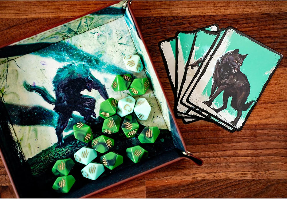 Werewolf: The Apocalypse 5th Edition Roleplaying Game Luna’s Fury Limited Dice & Tray Accessory Pack - 17 Green RPG Dice Set, 5 Cards & Folding Tray