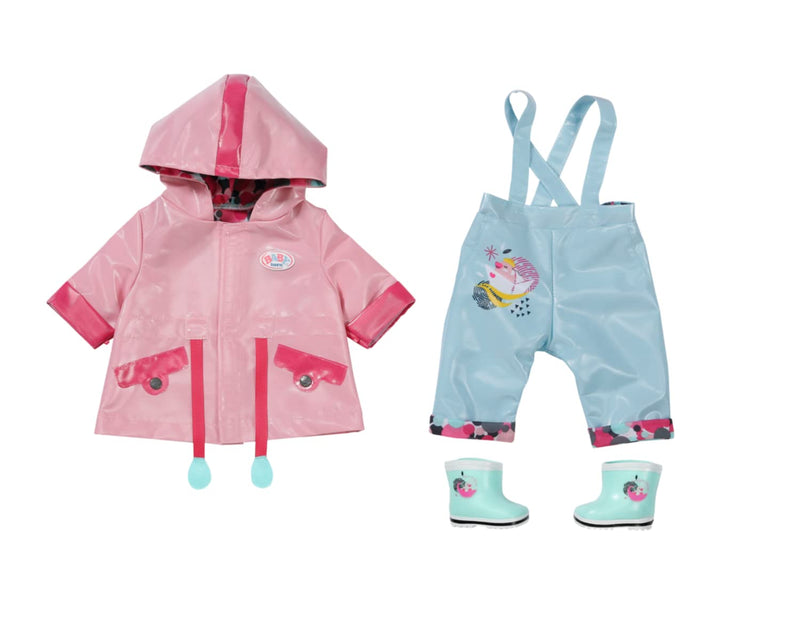 Zapf Creation 835241 BABY born Deluxe Regen Set 43cm - Puppenkleidung Regenkleidung, Set mit rosa Regenjacke, blauer Matschhose und Gummistiefeln.