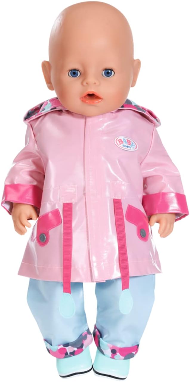 Zapf Creation 835241 BABY born Deluxe Regen Set 43cm - Puppenkleidung Regenkleidung, Set mit rosa Regenjacke, blauer Matschhose und Gummistiefeln.