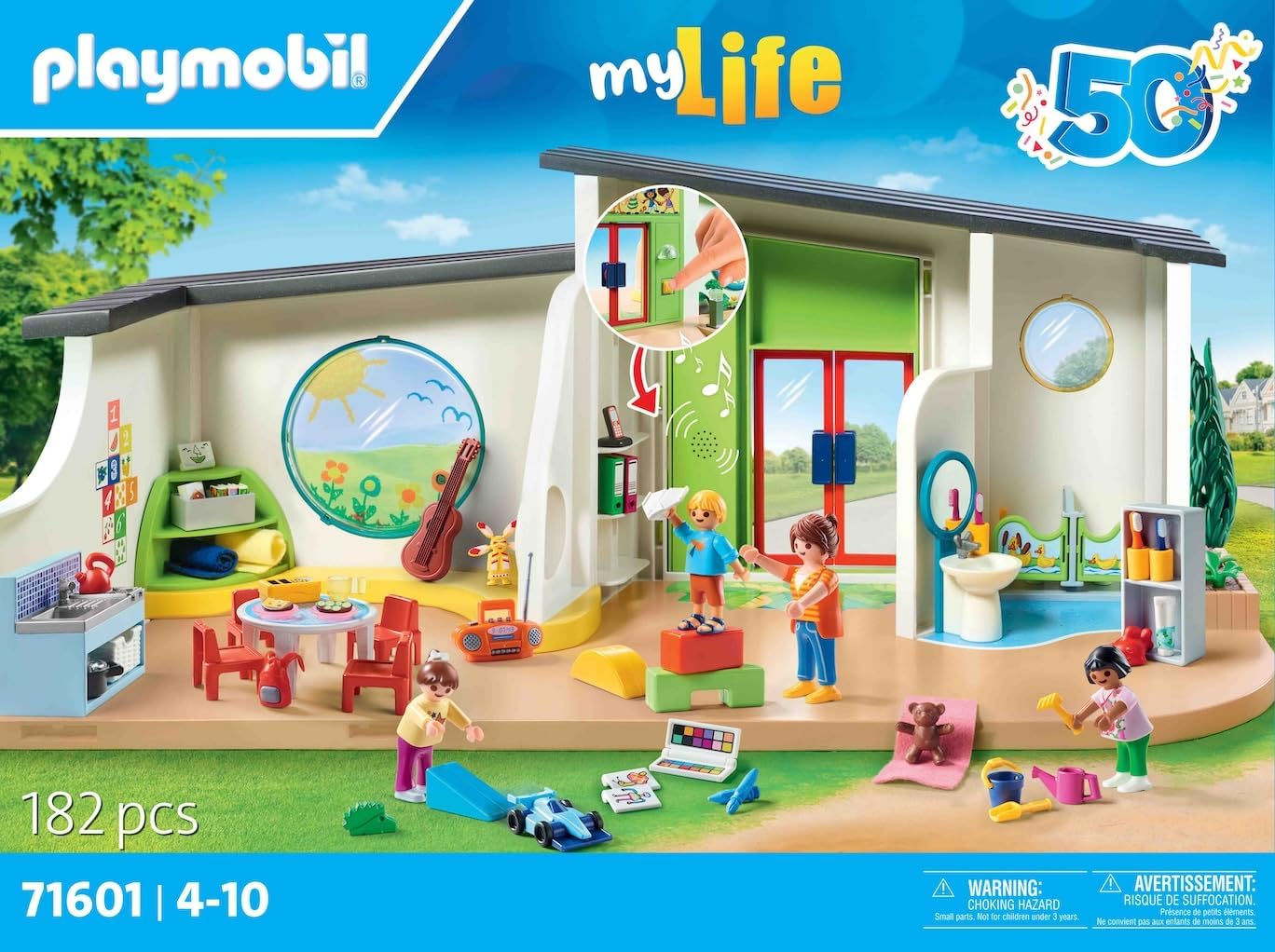 PLAYMOBIL MyLife 71601 Kinderdagverblijf 'De regenboog', grote kleuterschoolset met tal van accessoires en een werkende deurbel, gedetailleerd speelgoed voor kinderen vanaf 4 jaar