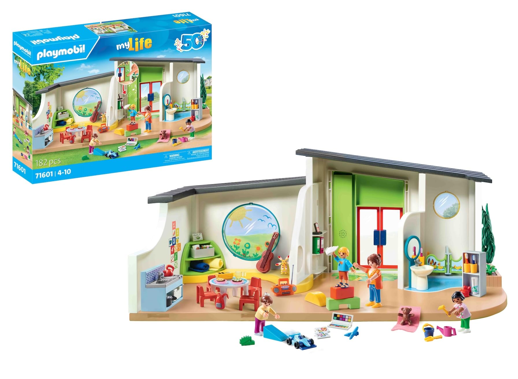 PLAYMOBIL MyLife 71601 Kinderdagverblijf 'De regenboog', grote kleuterschoolset met tal van accessoires en een werkende deurbel, gedetailleerd speelgoed voor kinderen vanaf 4 jaar