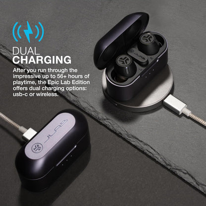 JLab Epic Lab Edition Smart Active Noise Cancelling Earbuds with Hybrid Dual Drivers, Bluetooth LE Audio, Spatial Audio, 56+ Hours Playtime, IP55 True Wireless Earbuds, Wireless or USB-C Charging