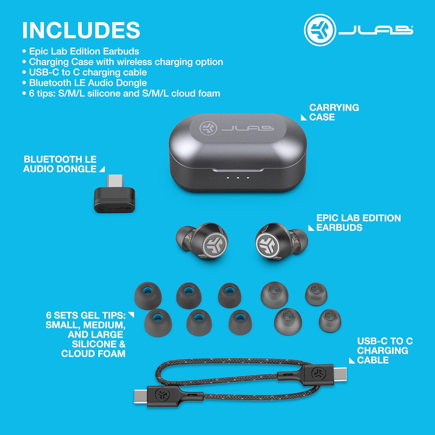JLab Epic Lab Edition Smart Active Noise Cancelling Earbuds with Hybrid Dual Drivers, Bluetooth LE Audio, Spatial Audio, 56+ Hours Playtime, IP55 True Wireless Earbuds, Wireless or USB-C Charging