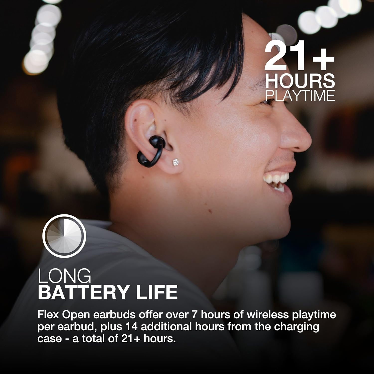 JLab Flex Open Ear Headphones - Wireless Open Earbuds, Cuff Design Clip on Earphones, 21H Playtime, Open-Ear Buds with Bluetooth Multipoint, MEMS Microphone, Customise With App, Black