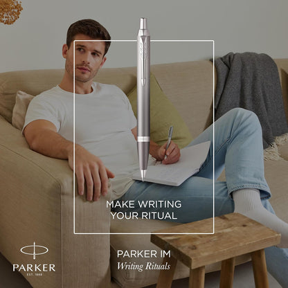 Parker Penna a sfera IM Writing Rituals, finitura grigia con sfumatura, puntale cromato, punta media, inchiostro blu, confezione regalo