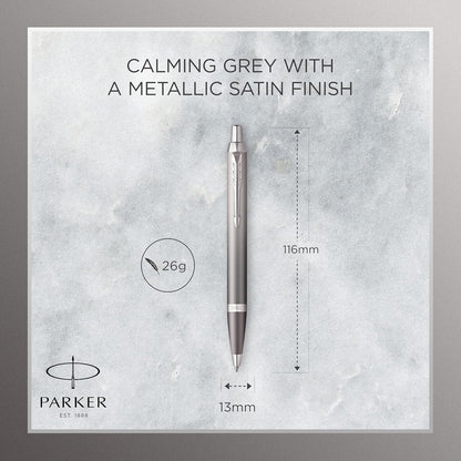 Parker Penna a sfera IM Writing Rituals, finitura grigia con sfumatura, puntale cromato, punta media, inchiostro blu, confezione regalo