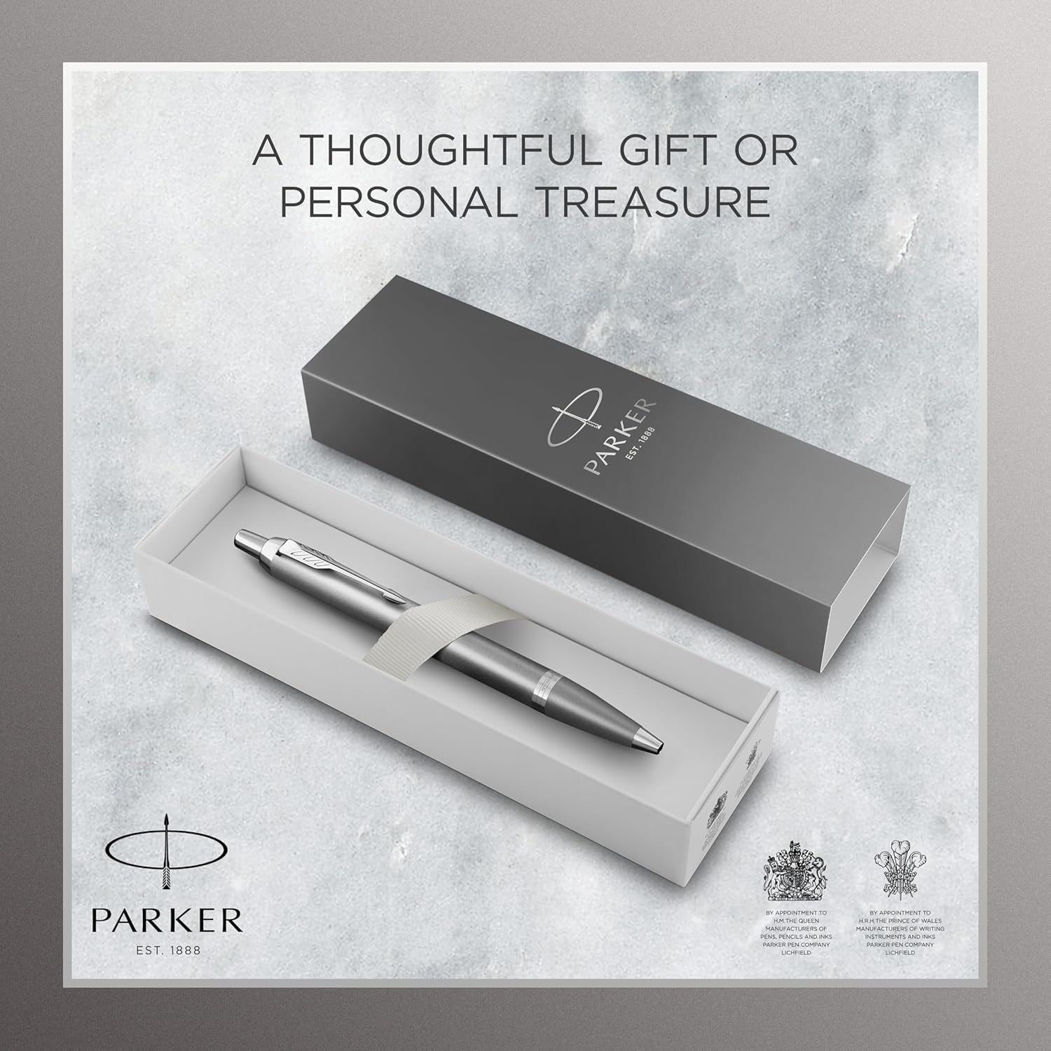 Parker Penna a sfera IM Writing Rituals, finitura grigia con sfumatura, puntale cromato, punta media, inchiostro blu, confezione regalo