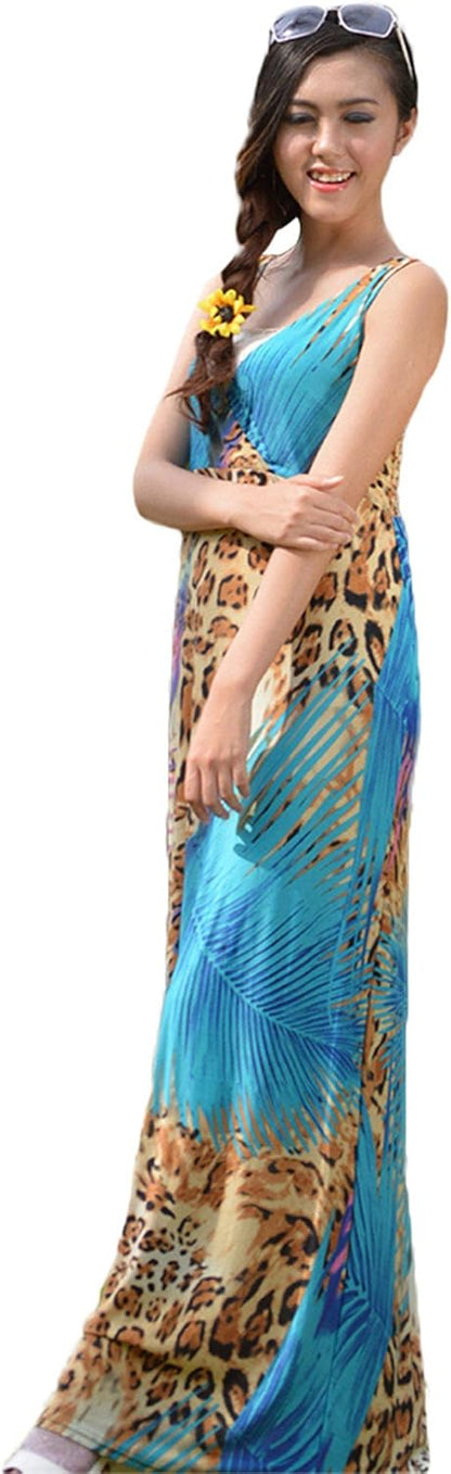 Insun Women's Sexy V Neck Printed Maxi Beach Chiffon Bohemian Dress S Blue