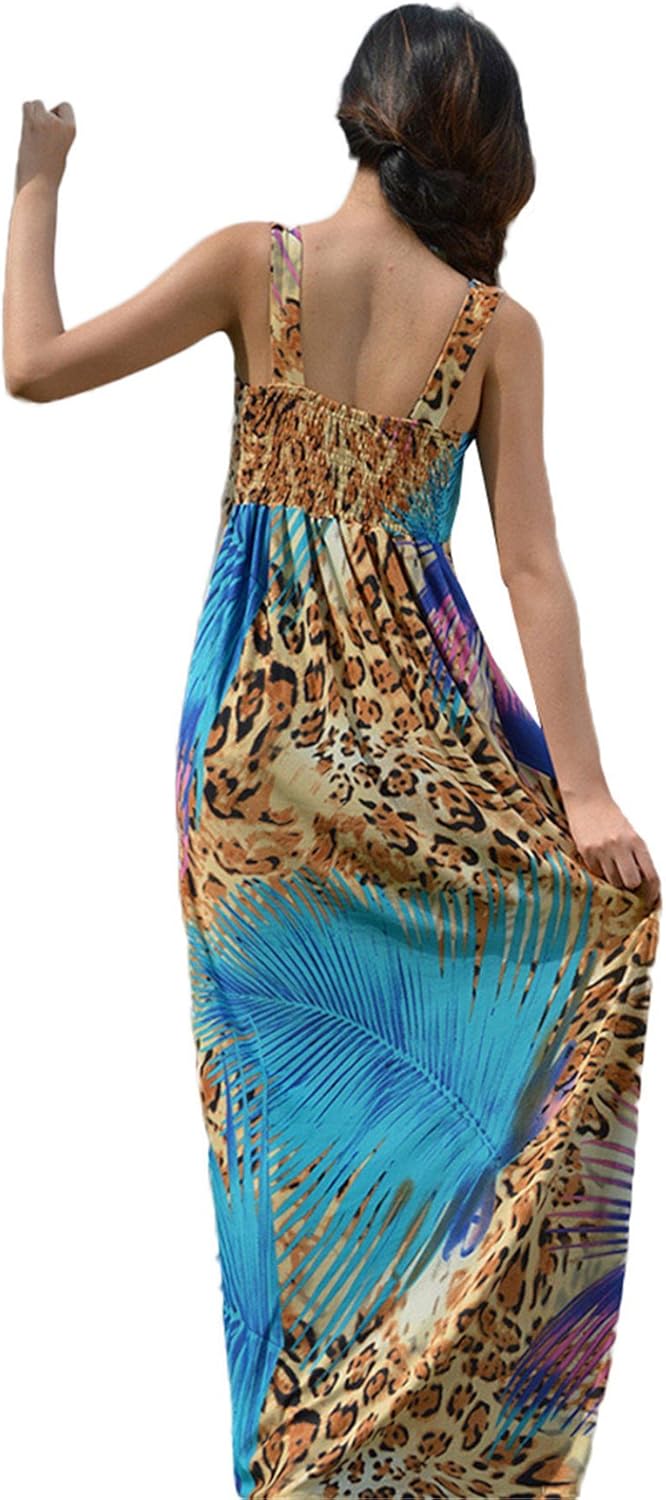 Insun Women's Sexy V Neck Printed Maxi Beach Chiffon Bohemian Dress S Blue