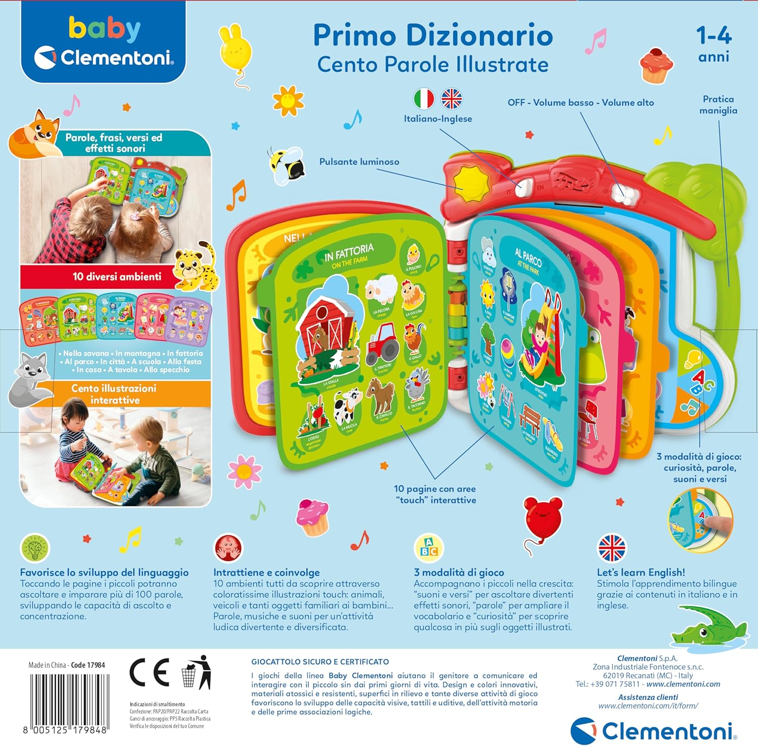 Clementoni - Baby Scopro The World in 100 Interactive, 1 Year Electronic Speaking Book for Children, Educational Book, Bilingual, Tactile Sound, Teaches Italian and English, Learn New Words