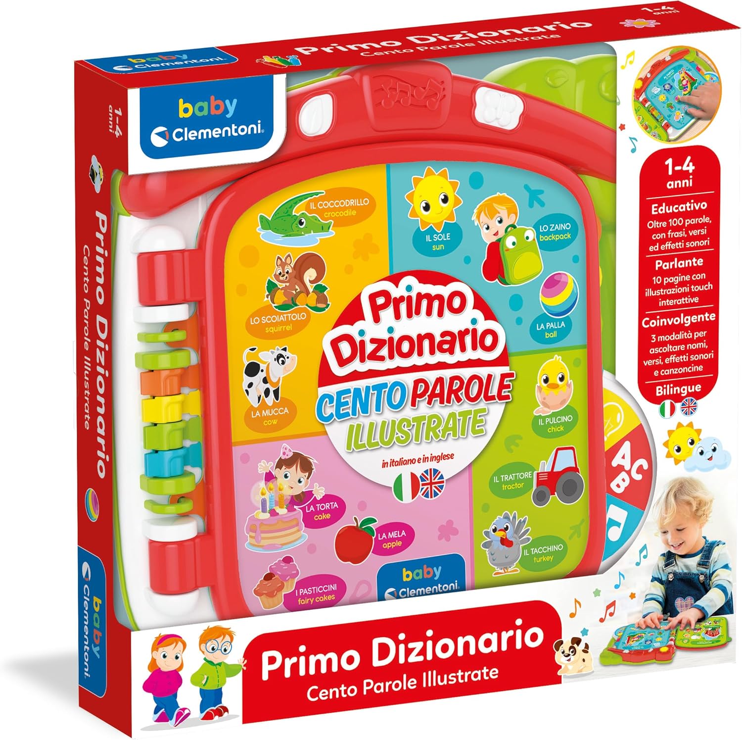 Clementoni - Baby Scopro The World in 100 Interactive, 1 Year Electronic Speaking Book for Children, Educational Book, Bilingual, Tactile Sound, Teaches Italian and English, Learn New Words