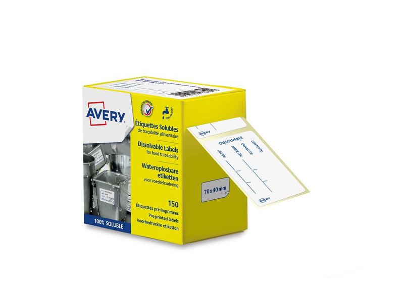 Avery Wash Off/Dissolvable Food Traceability Labels, 70 x 40 mm, 150 Labels, Whitewith Blue, Writable, Pre-Printed, Easy to Wash Off