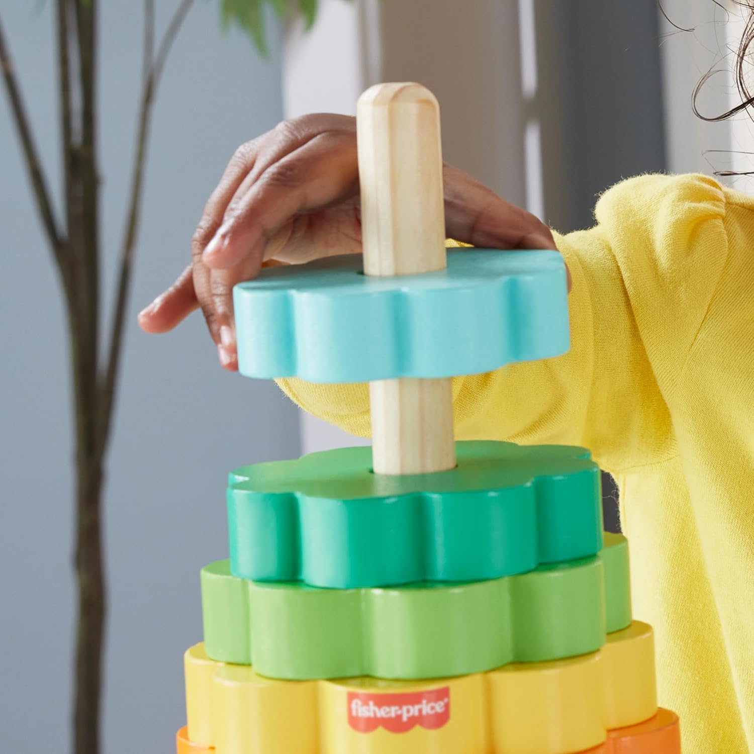 Fisher-Price Toddler Toy Wooden Ring Stacker, 10 Wood Pieces for Stacking Play for Kids Ages 18+ Months, HXT77