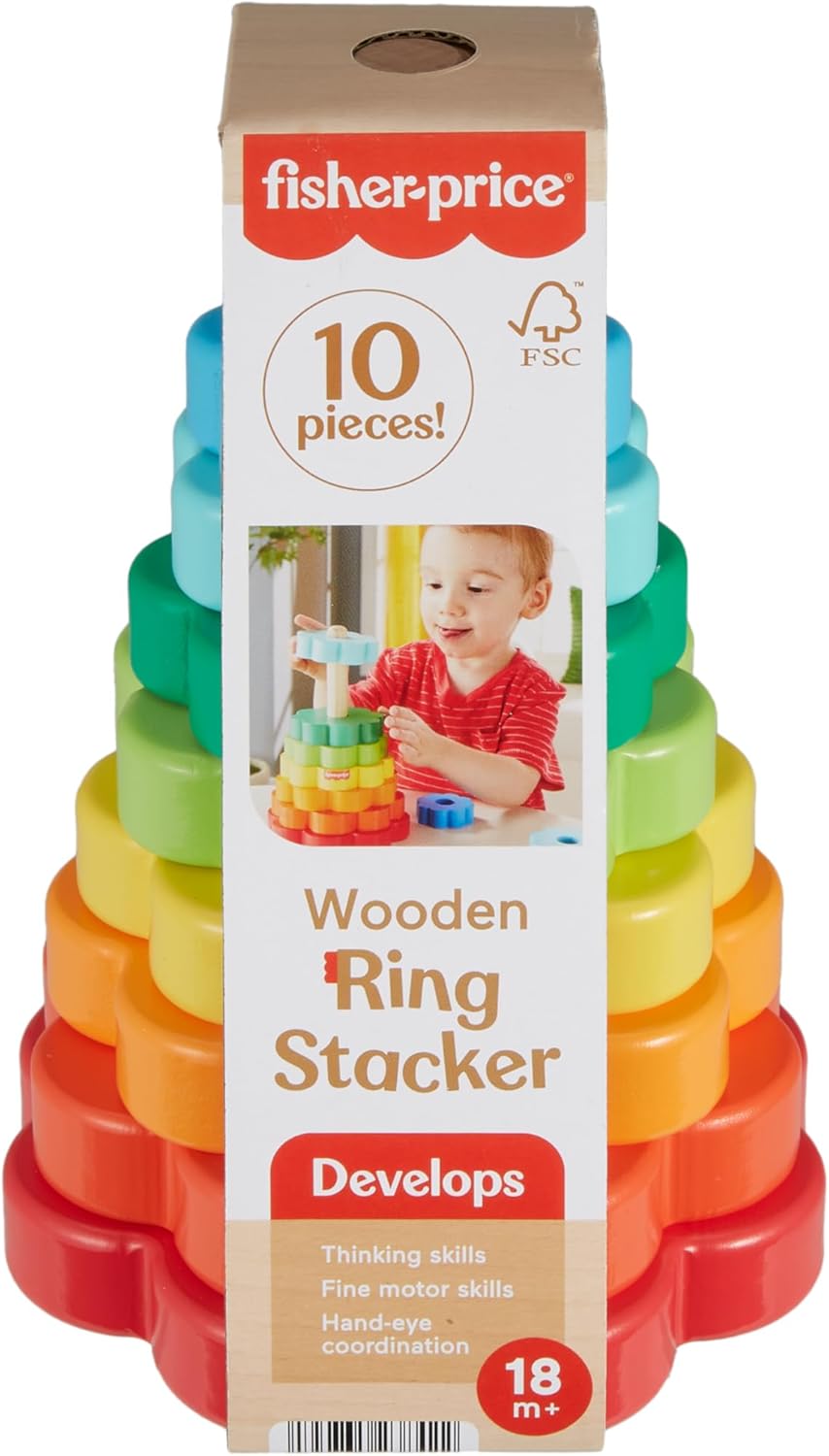 Fisher-Price Toddler Toy Wooden Ring Stacker, 10 Wood Pieces for Stacking Play for Kids Ages 18+ Months, HXT77