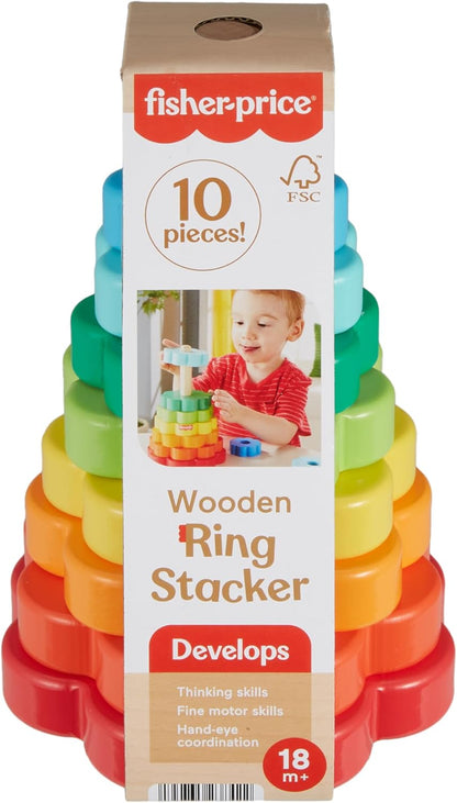 Fisher-Price Toddler Toy Wooden Ring Stacker, 10 Wood Pieces for Stacking Play for Kids Ages 18+ Months, HXT77